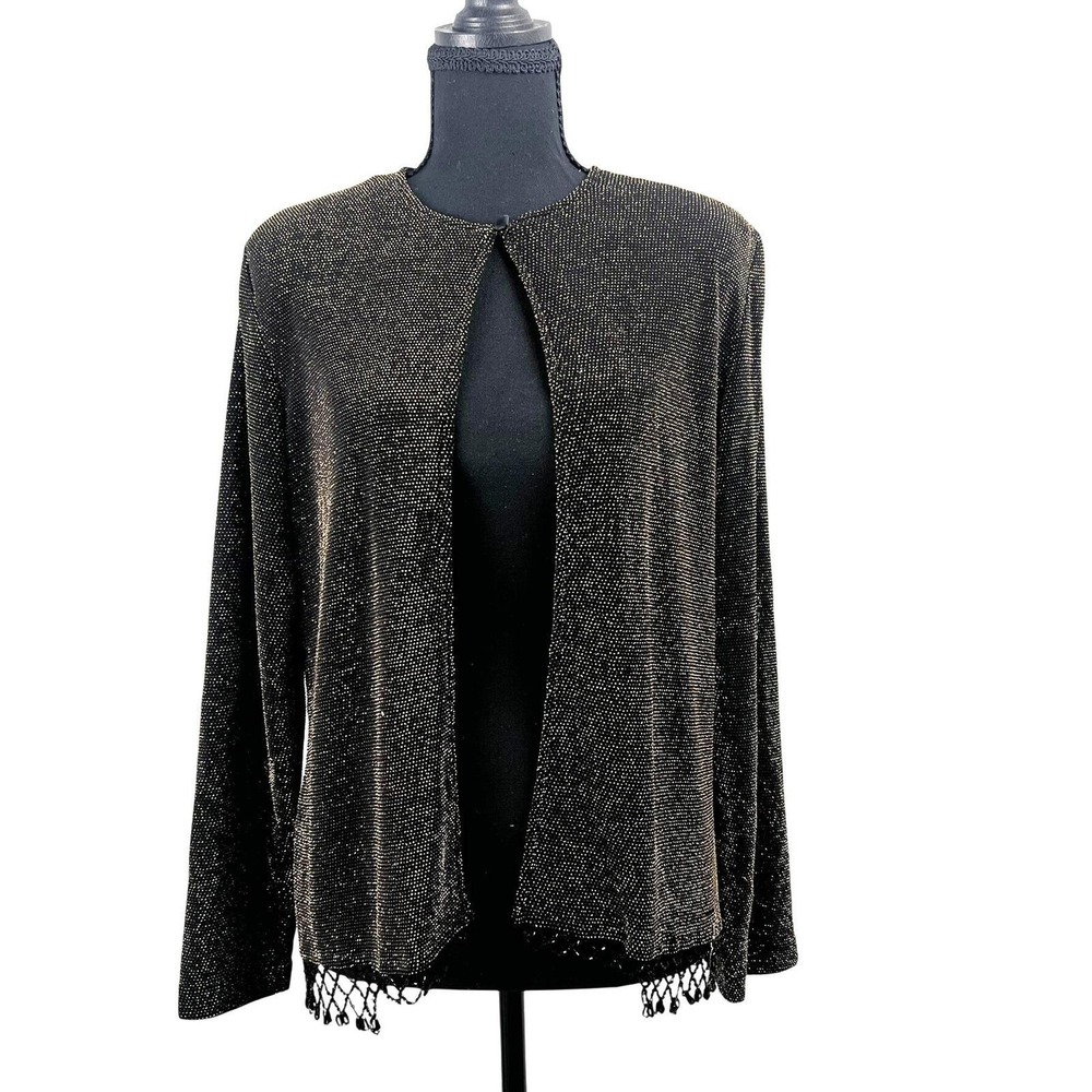 Ronni Nicole Petite Black Gold Metallic Beaded Fringe Open Cardigan Jacket Sz‎ M